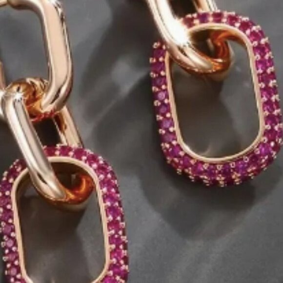 18k Gold Plated Pink Diamond Chain Link Drop Earrings - Picture 5 of 6